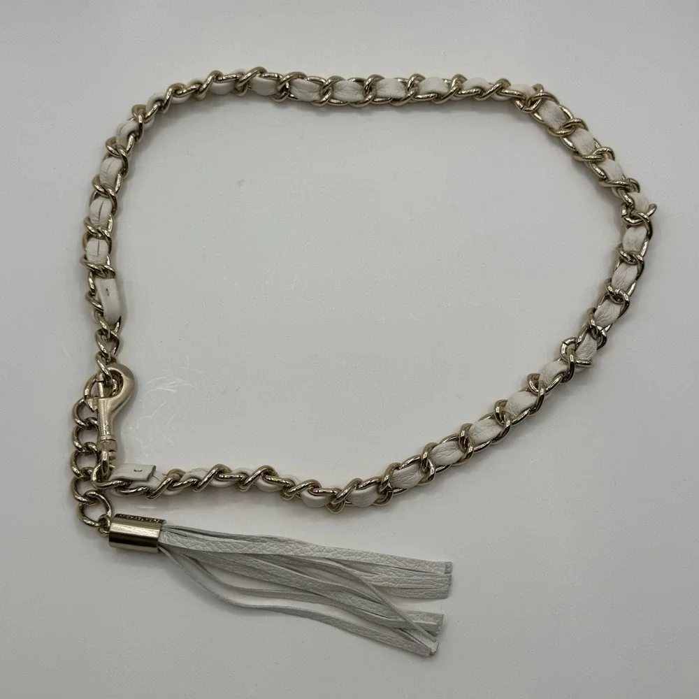 MICHAEL KORS Gold Tone Stainless Steel Metal Chain Belt White Vegan Tassel Sz S